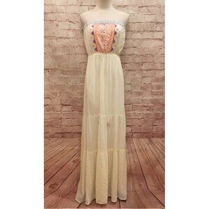 FLYING TOMATO Boho Ivory Strapless Summer Maxi Dress Southwest Tier Skirt SMALL